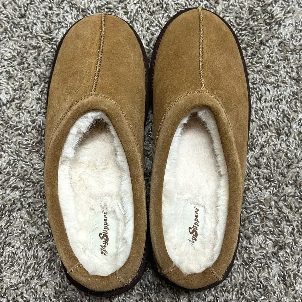 Mypillow Myslipper Men's Leather Uppers Faux Fur Lining Size 9